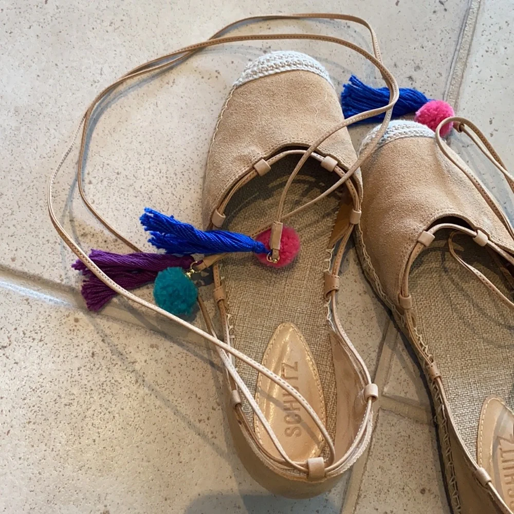 Schutz Brie lace up tassel Pom Pom flats size 9 - Picture 6 of 7